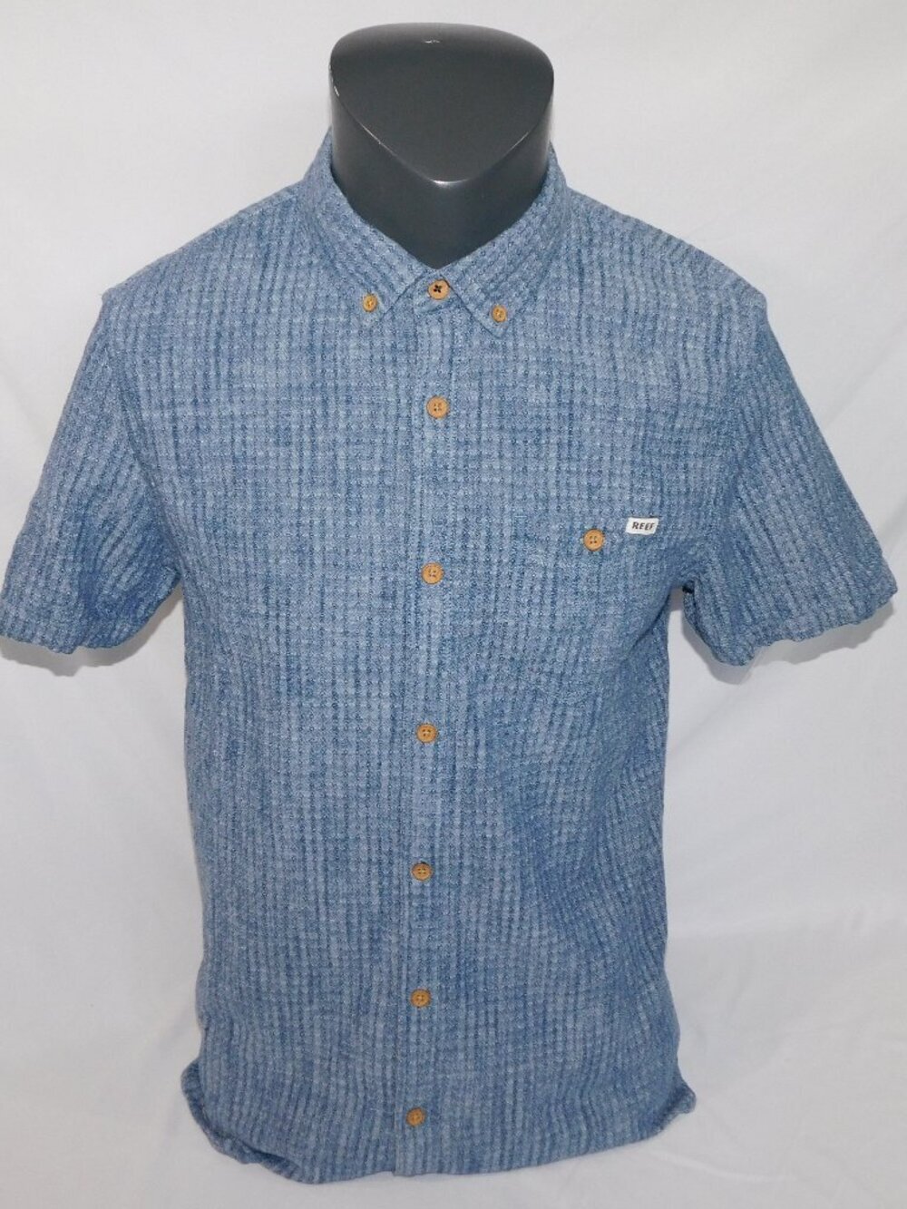 REEF Blue Textured Button Down Short Sleeve Shirt Cotton Blend Mens M